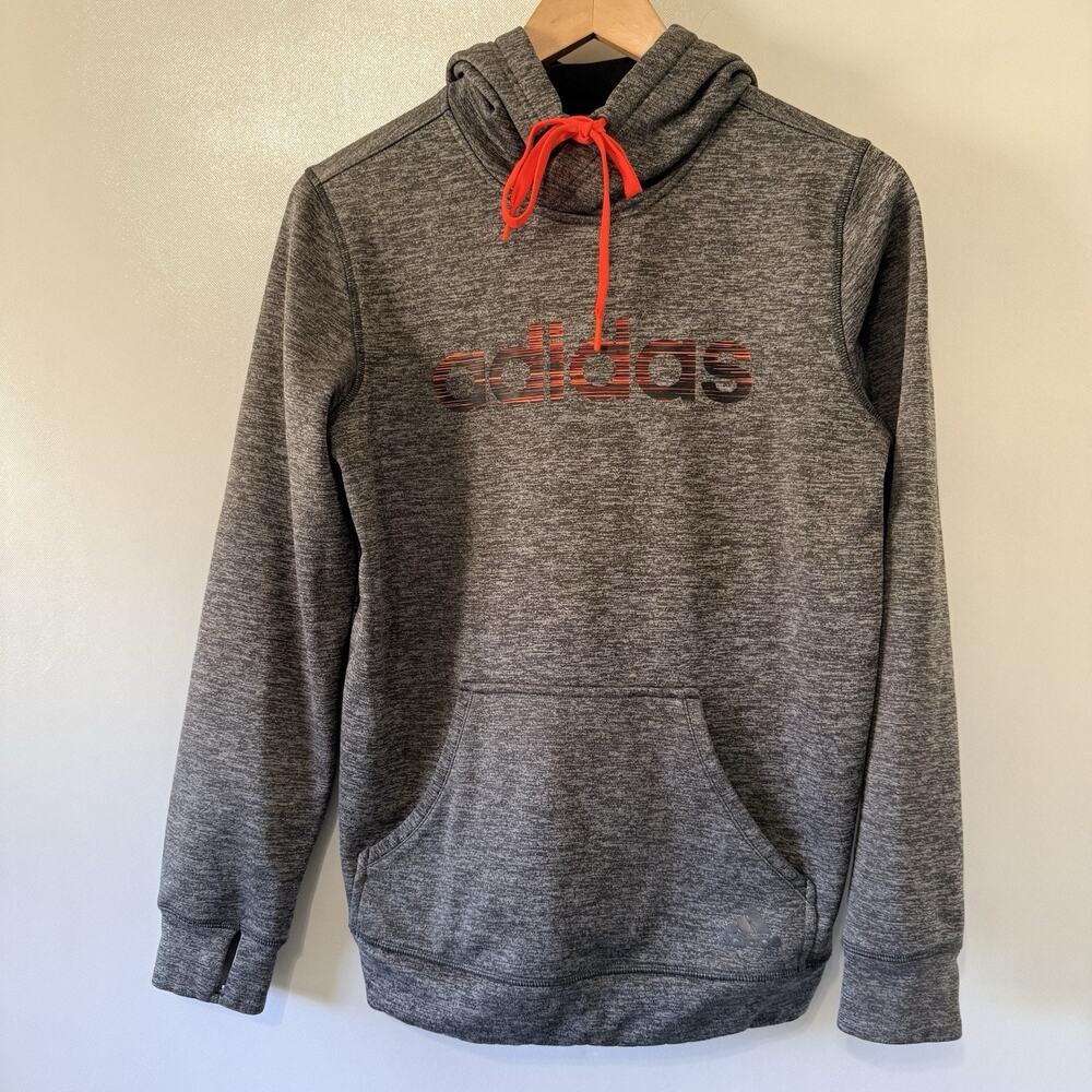 Adidas Gray Climawarm Pullover Fleece Lined Hoodie w Red Black Lettering Size S